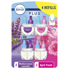 Febreze Odor-Fighting Fade Defy PLUG Air Freshener,Downy April Fresh, Mediterranean Lavender, 87 fl. oz. Oil Refills, 4 Refills (2 of Each)