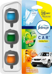 Febreze Car Air Freshener Odor-Fighting Car Vent Clip, Variety, Linen and Sky, Original, Hawaiian Aloha Scent Automatic Air Freshener, 3-Count Pack of 3