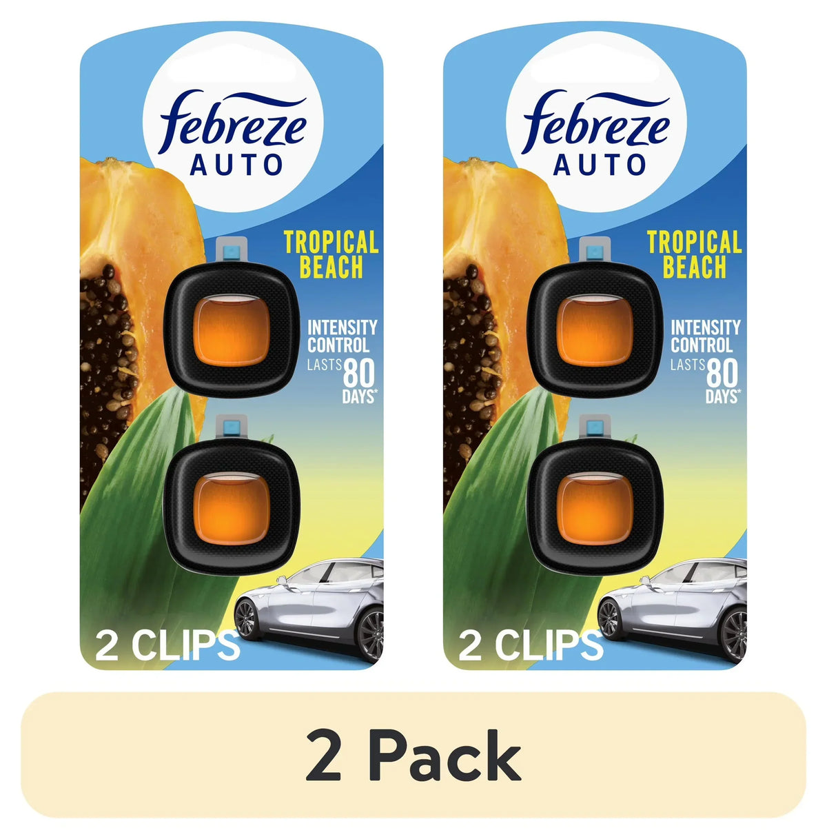 (2 pack) Febreze AUTO Car Air Freshener, Odor-Fighting Car Vent Clip, Tropical Beach, 2 Count