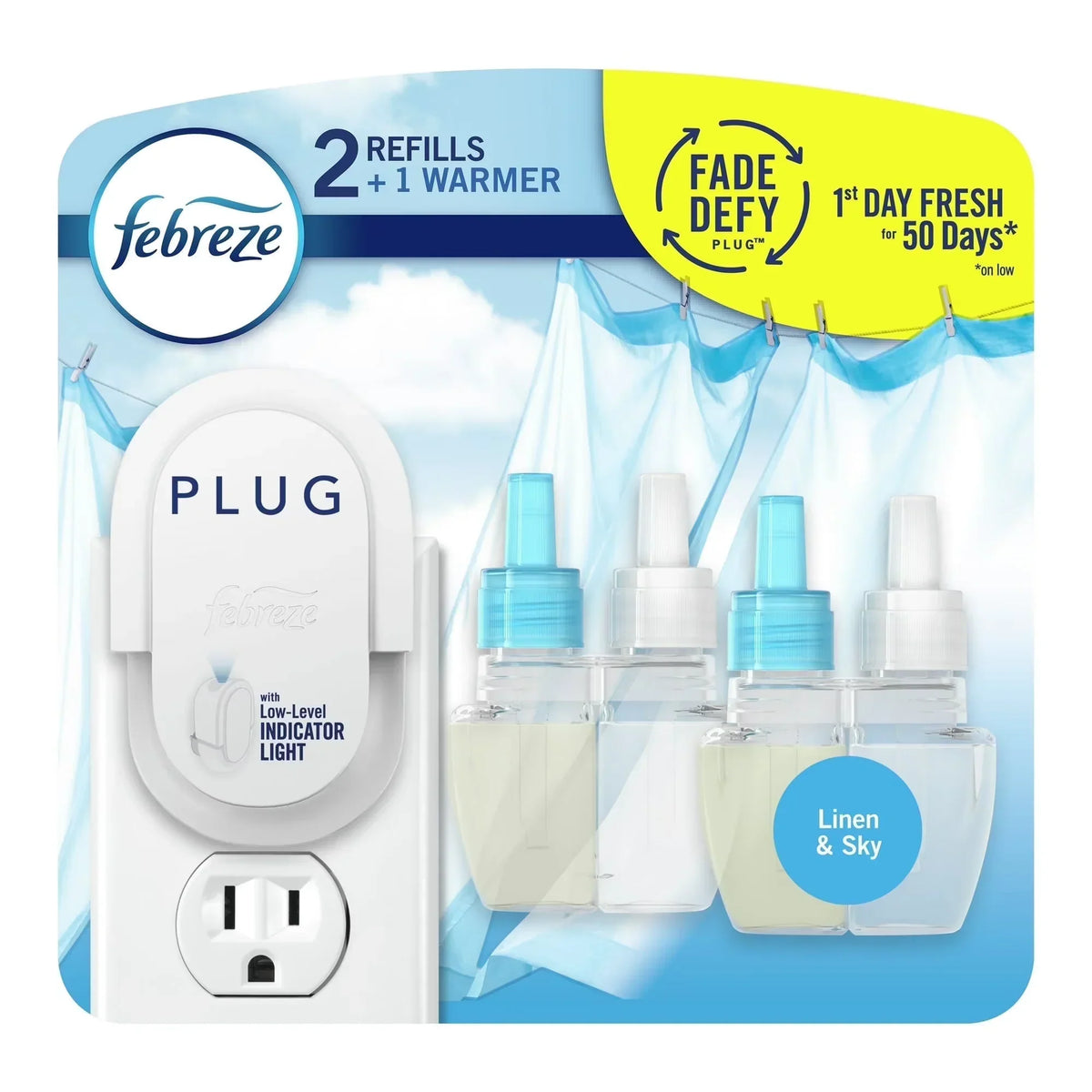 ( 3 Pack ) Febreze Plug In Air Freshener, Scented Oil Starter Kit, Linen & Sky, Starter Kit + 2 Refills
