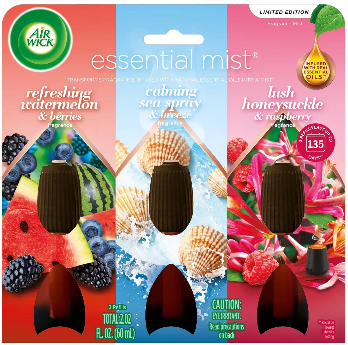 Air Wick Essential Mist Scented Oil Diffuser Refills Multipack, Watermelon & Berries, Sea Spray & Breeze, Honeysuckle & Raspberry, 3 Count