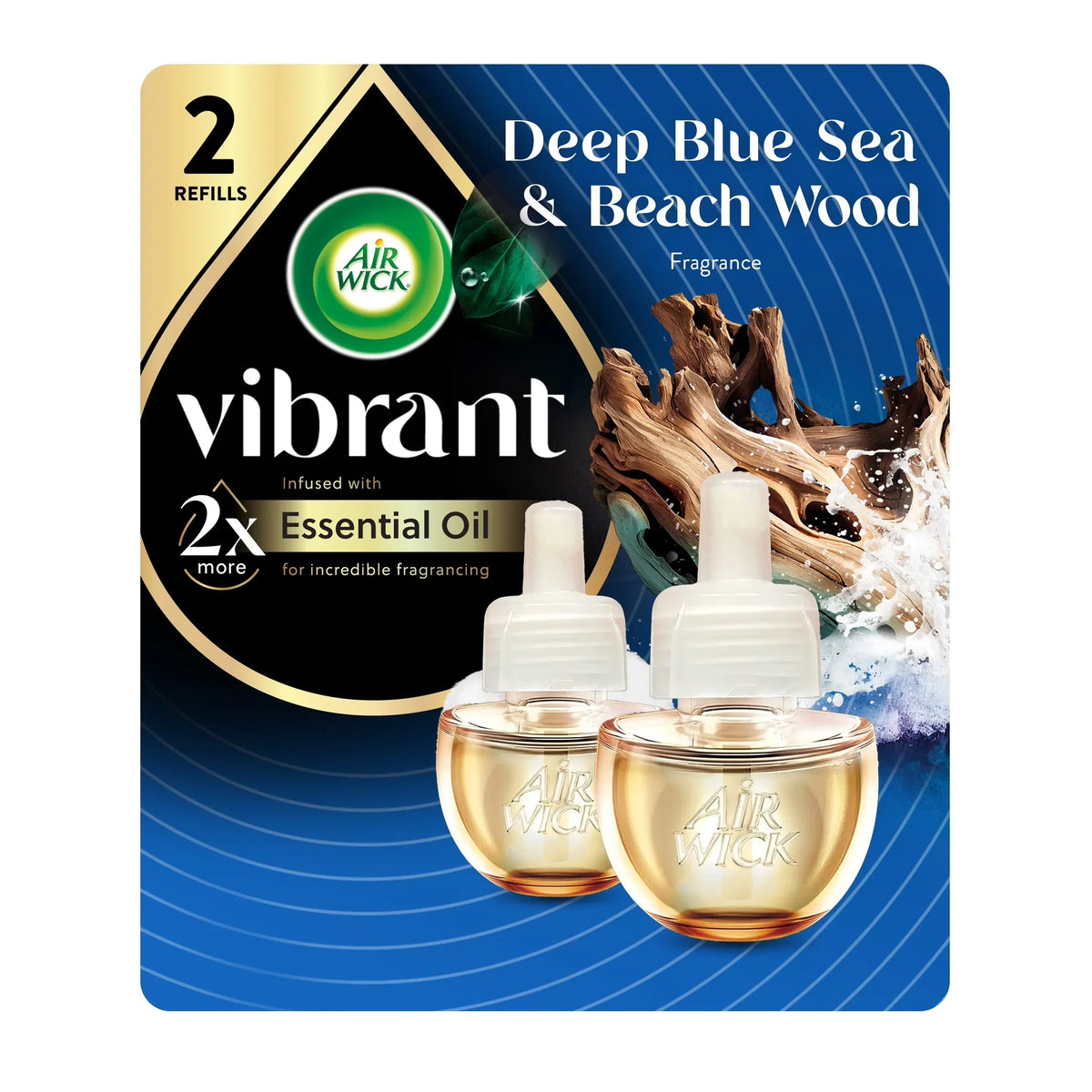 Air Wick Vibrant Plug-In Scented Oil Air Freshener Warmer Refills, Deep Blue Sea and Beach Wood, 2 Count