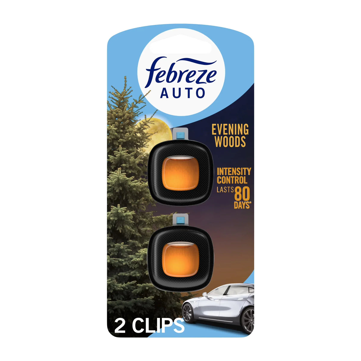 Febreze AUTO Car Air Freshener, Odor-Fighting Car Vent Clip, Evening Woods, 2 Count