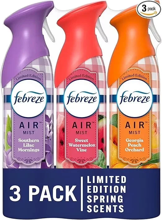 Febreze Air Mist Air Freshener Spray, Odor-Fighting Room Spray for Home, Bathroom and Kitchen, Aerosol Can, Southern Lilac Mornings, Georgia Peach Orchard, Sweet Watermelon Vine Scent, 8.8oz, 3 Count