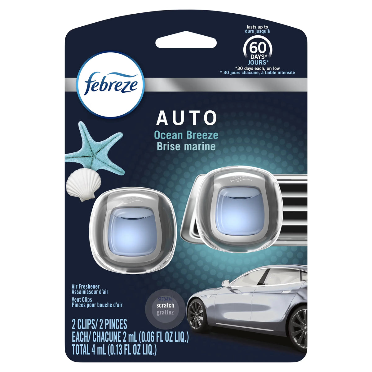 Febreze Auto Odor-Eliminating Car Freshener Vent Clip, Ocean Breeze, .06 oz, 2 Pack
