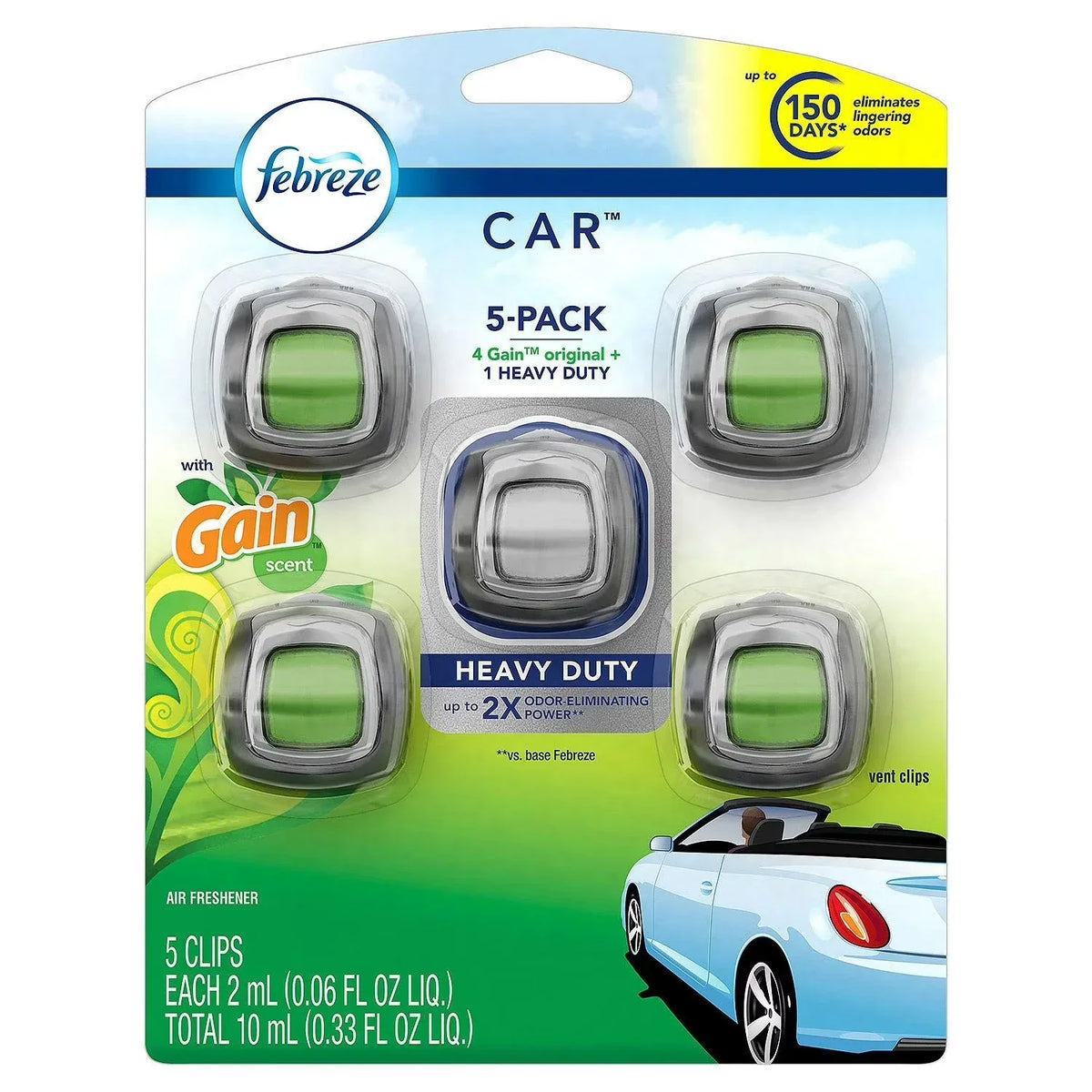 Febreze Car Air Freshener 5-Pack, 4 Gain Original Scent + 1 Heavy Duty