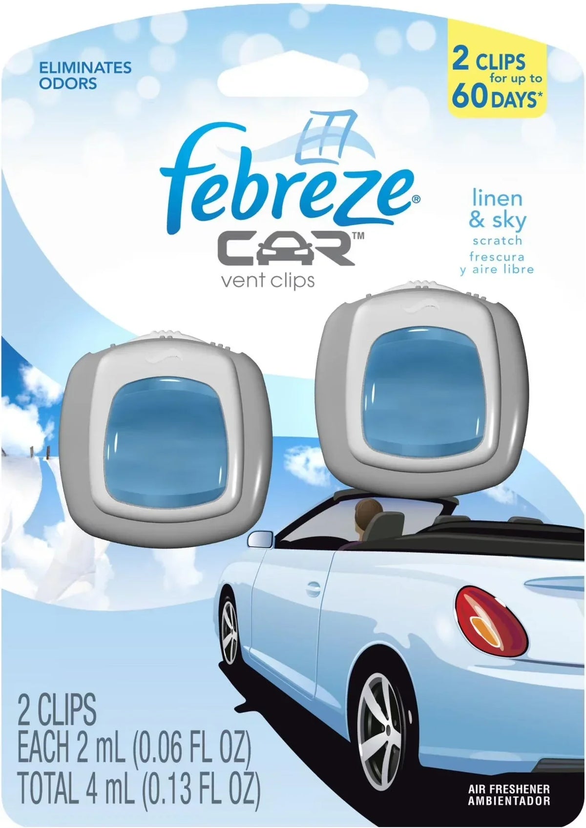 Febreze Car Air Freshener, Linen & Sky, (2 Count Each), 8 Count