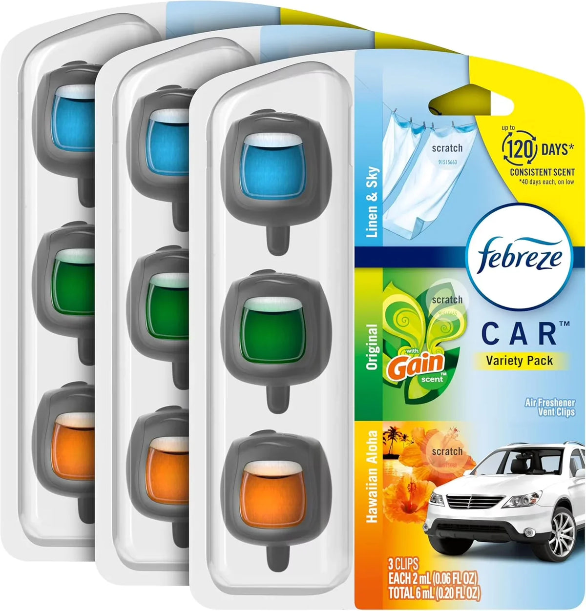 Febreze Car Air Freshener Odor-Fighting Car Vent Clip, Variety, Linen and Sky, Original, Hawaiian Aloha Scent Automatic Air Freshener, 3-Count Pack of 3
