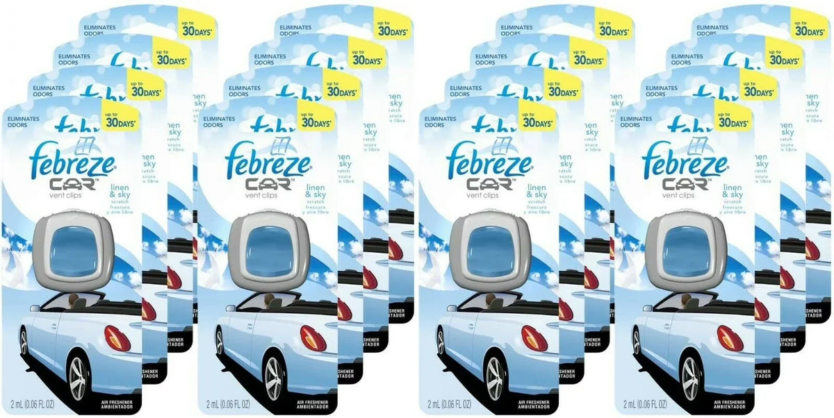 Febreze Car Vent Clips Air Freshener and Odor Eliminator, Linen and Sky -16 Pack