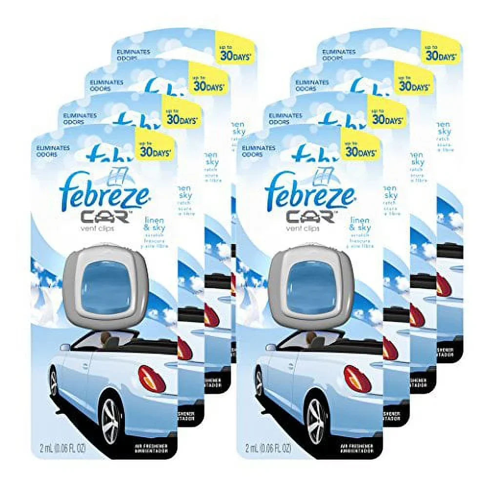 Febreze Car Vent Clips Air Freshener and Odor Eliminator, Linen and Sky Scent - 8 Pieces