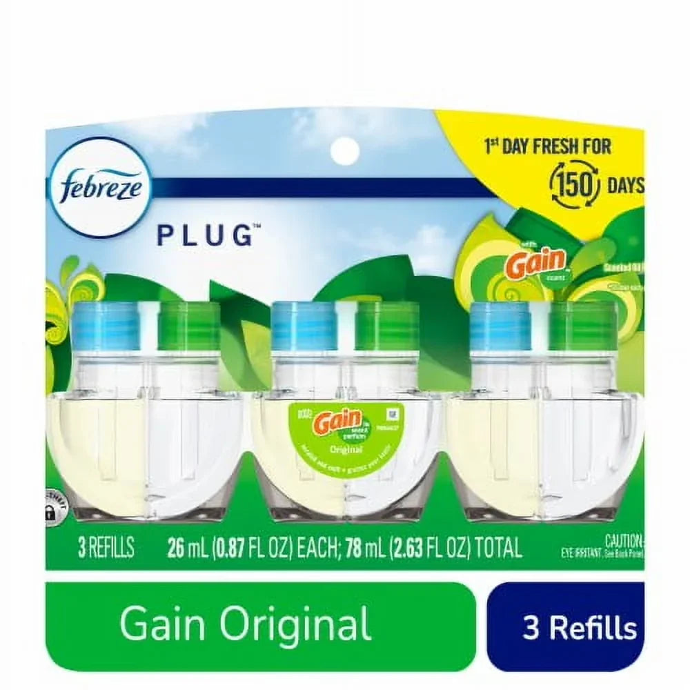 Febreze Gain Original Scent Odor Fighting Fade Defy PLUG Air Freshener Oil Refills 3 pk / 0.87 fl oz