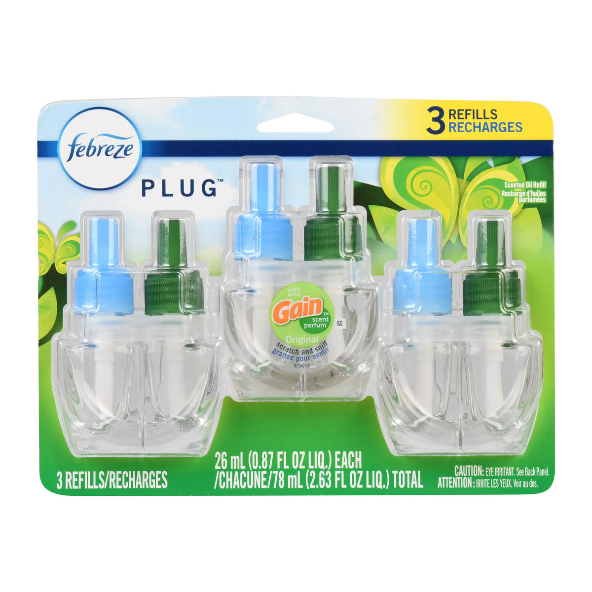 Febreze Plug In Air Freshener, Odor-Fighting Scented Oil Refill, Gain Original, 3 Refills