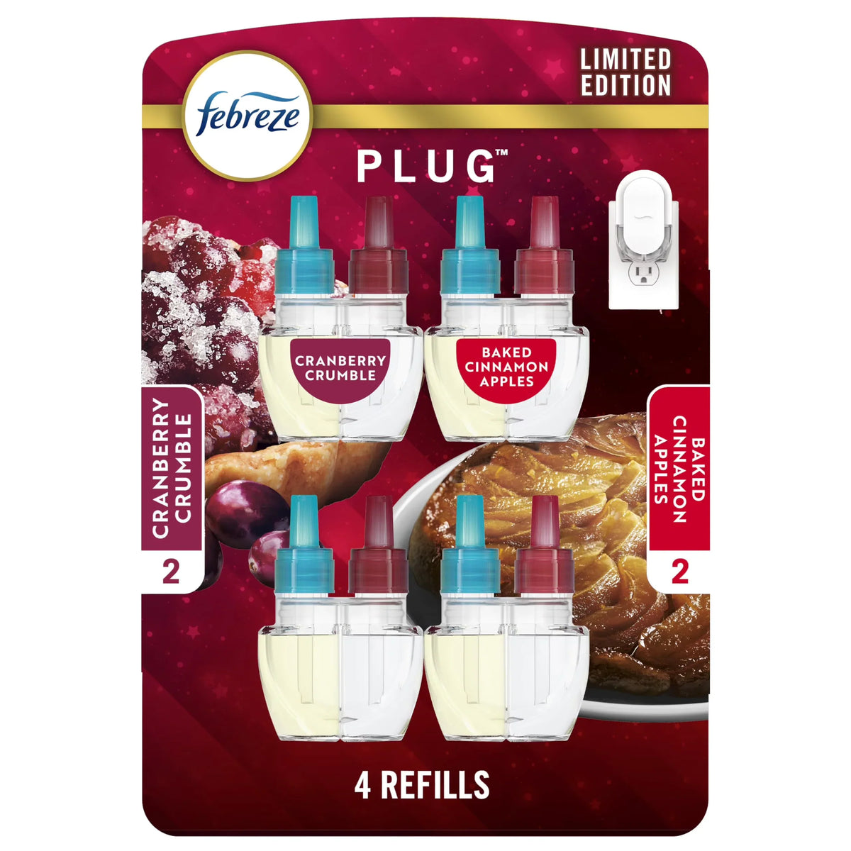 Febreze Odor-Fighting Fade Defy PLUG Air Freshener Baked Cinnamon Apple, Cranberry Crumble, .87 fl. oz. Oil Refill, 2 of Each
