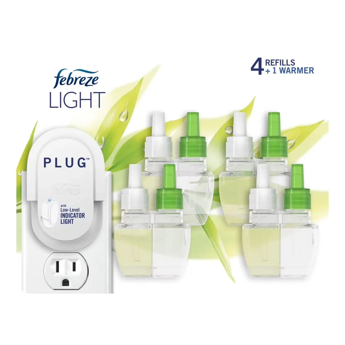 Febreze Odor-Fighting Plug in Air Freshener Bamboo Scent Warmer with 4 Oil Refills