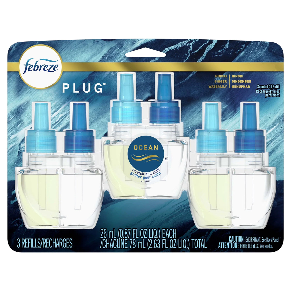 Febreze Plug In Air Freshener, Odor-Fighting Scented Oil Refill, Ocean, 3 Refills