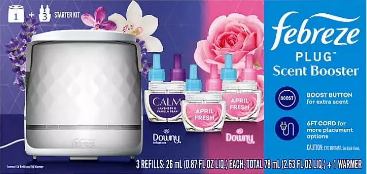 Febreze PLUG Scent Booster Kit, CALM Lavender + Vanilla Bean and April Fresh, 1 Device + 3 Refills