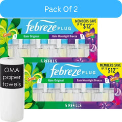 Febreze Plug Air Freshener – Gain Original & Gain Moonlight Breeze (5 Refills, 4.35 fl oz)-2pk, With Paper Towel By OMA