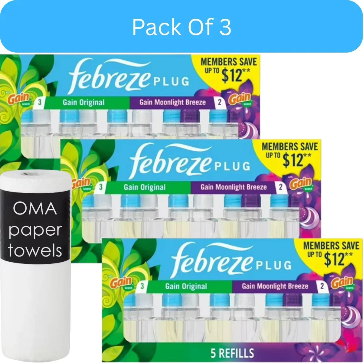 Febreze Plug Air Freshener – Gain Original & Gain Moonlight Breeze (5 Refills, 4.35 fl oz)-3pk, With Paper Towel By OMA