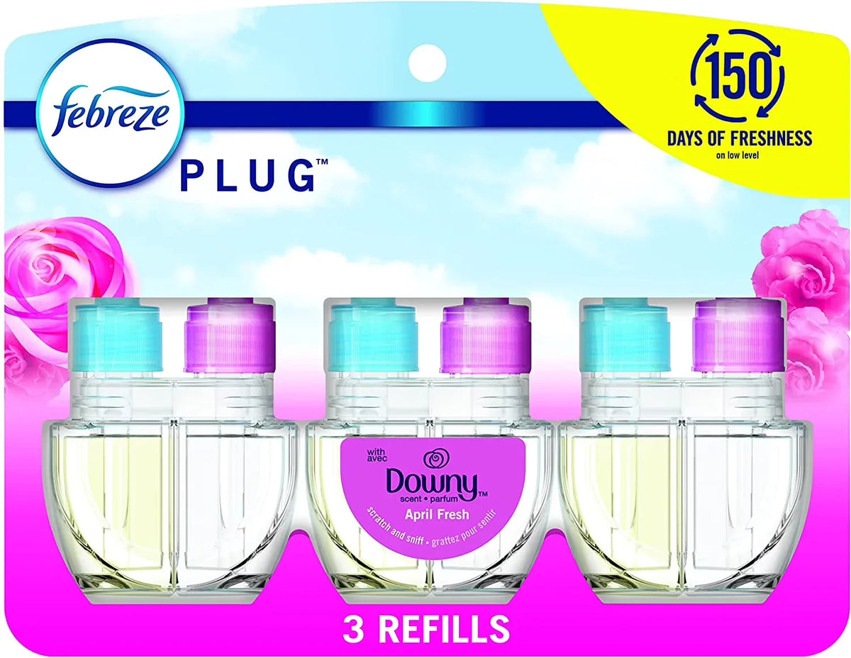 Febreze Plug In Air Freshener, Odor-Fighting Scented Oil Refill, Air Fresheners for Home and Bathroom and Kitchen, Long Lasting for Strong Odors, Downy April Fresh Scent, 0.87oz Refills, 3 Count