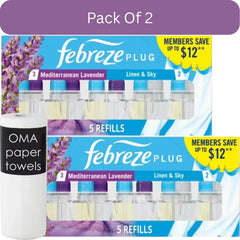 Febreze Plug Air Freshener Refills – Mediterranean Lavender + Linen & Sky (5-pack, 4.35 fl oz)- 2pk, With Paper Towel By OMA