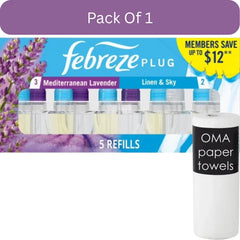 Febreze Plug Air Freshener Refills – Mediterranean Lavender + Linen & Sky (5-pack, 4.35 fl oz)- With Paper Towel By OMA
