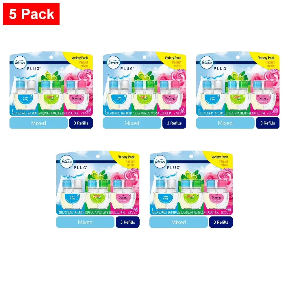 Febreze Plug In Air Freshener Odor-Fighting Scented Oil Refill Base Mix 3 ct - 5 Pack