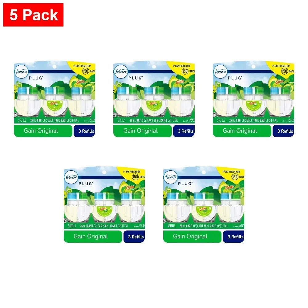 Febreze Plug In Air Freshener Odor-Fighting Scented Oil Refill Gain Scent Refills 3 ct - 5 Pack