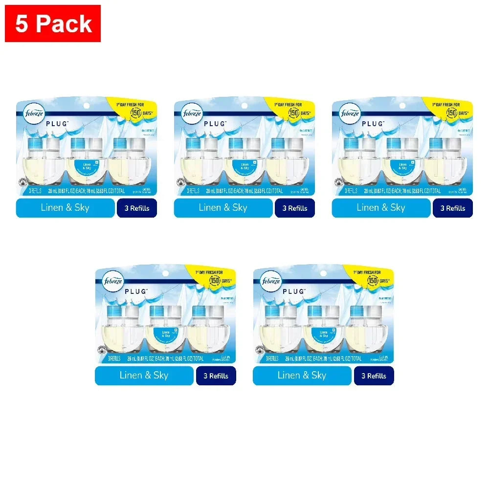 Febreze Plug In Air Freshener Odor-Fighting Scented Oil Refill Linen & Sky Scent Refills 3 ct - 5 Pack