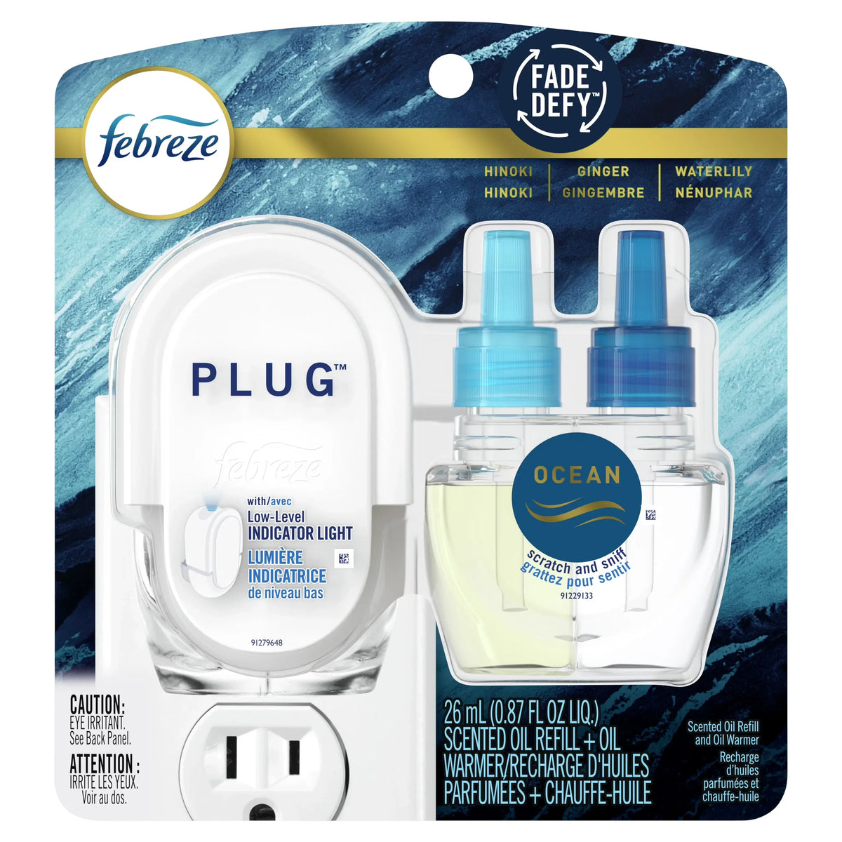 Febreze Plug In Air Freshener, Odor-Fighting Scented Oil Starter Kit, Ocean Scent, Warmer + 1 Refill