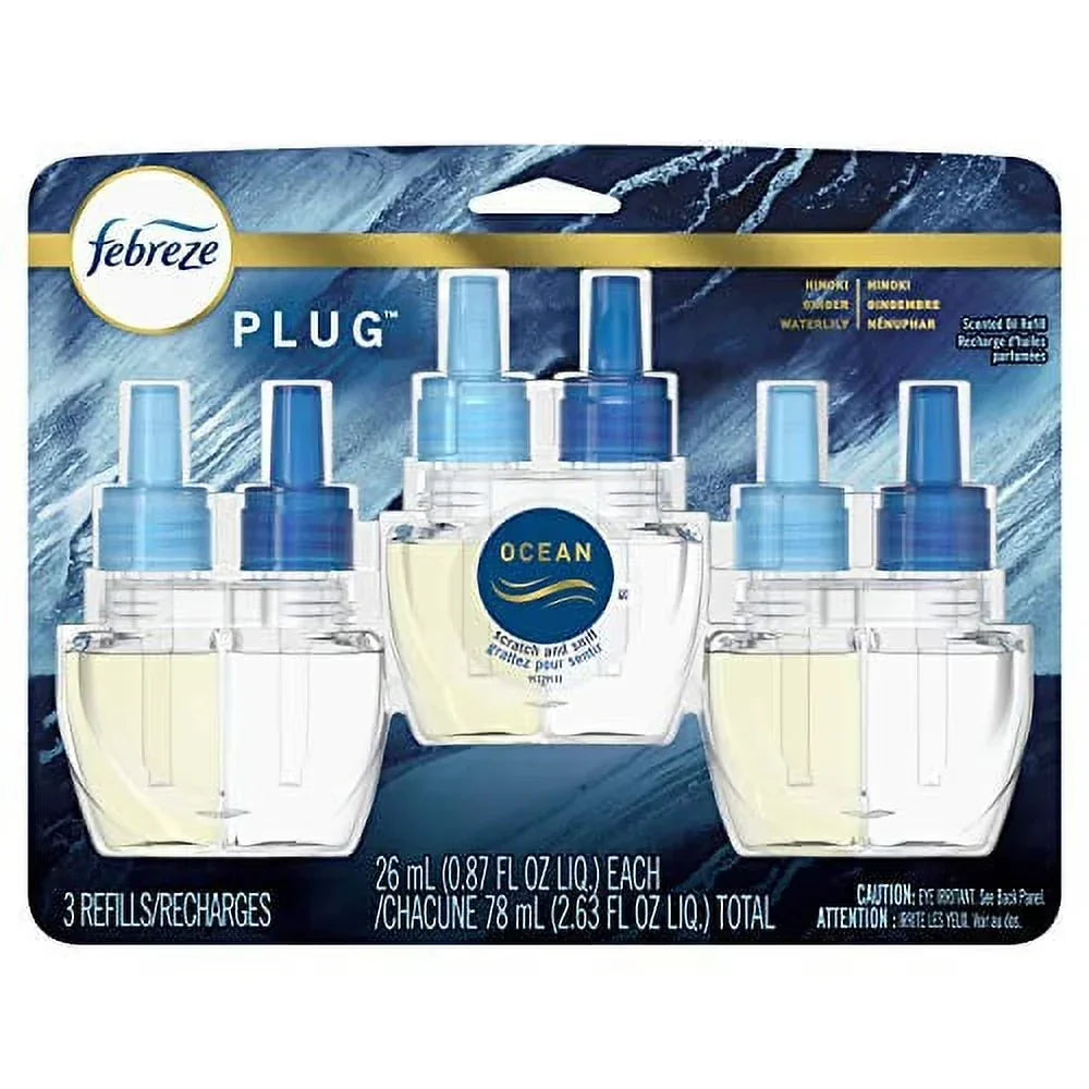 Febreze Plug in Air Fresheners, Ocean, Odor Eliminator for Strong Odors, Scented Oil Refill (3 Count)