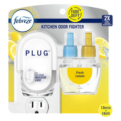Febreze Plug In Air Freshener, Odor-Fighting Scented Oil Starter Kit, Lemon, Warmer + 1 Refill