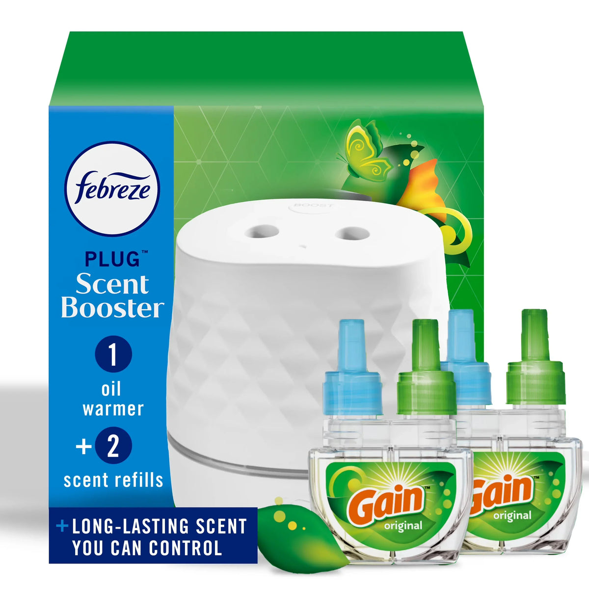 Febreze Plug Scent Booster, Air Freshener, Scented Oil Diffuser, Gain, Starter Kit + 2 Refill