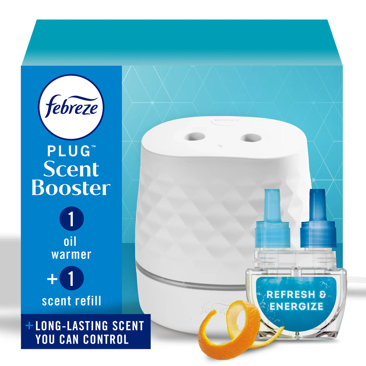 Febreze Plug Scent Booster, Air Freshener, Scented Oil Diffuser, Refresh & Energize, Kit + 1 Refill