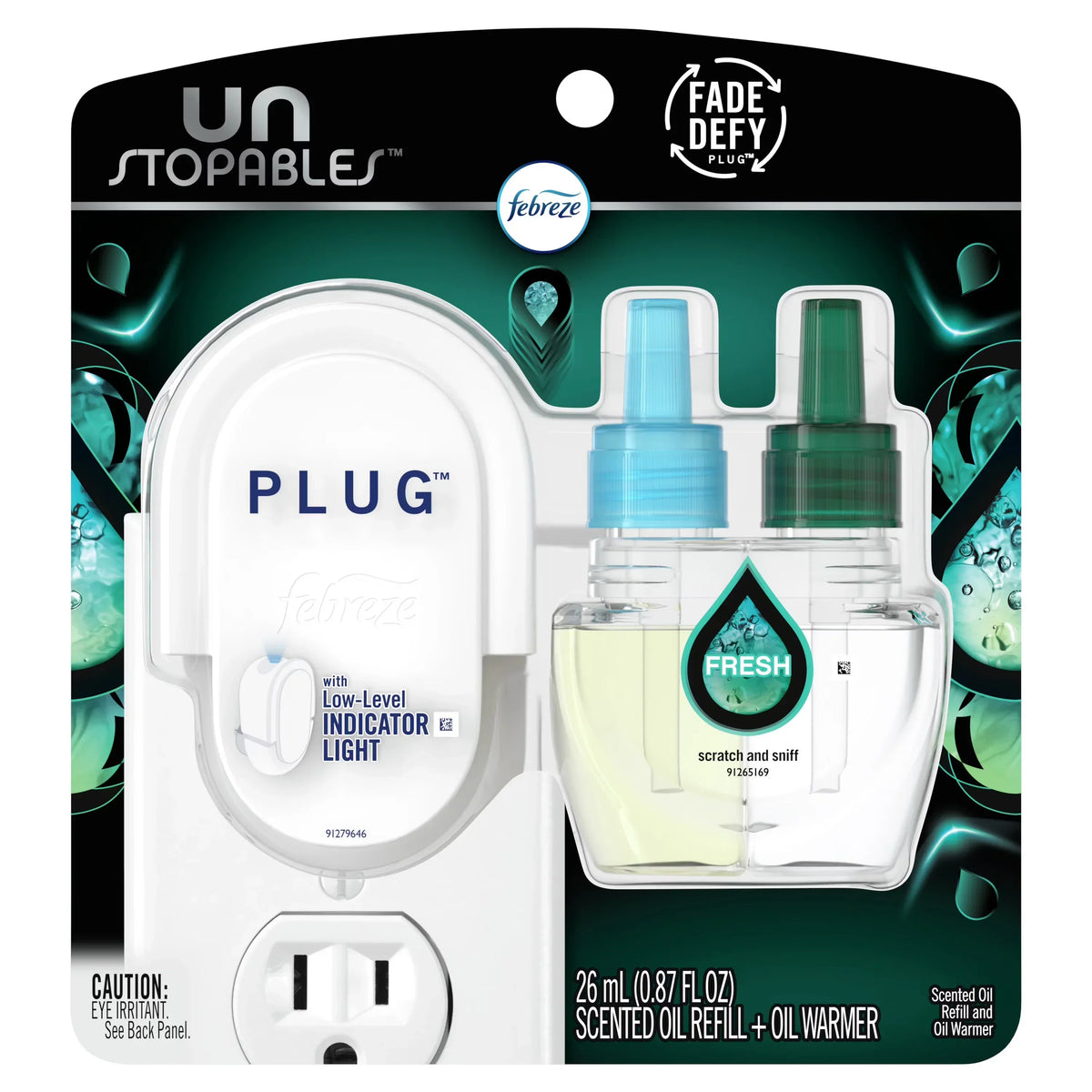 Febreze Unstopables Odor-Fighting PLUG Air Freshener Single Refill Fresh Starter Kit & (1) .87 fl. oz. Oil Refill