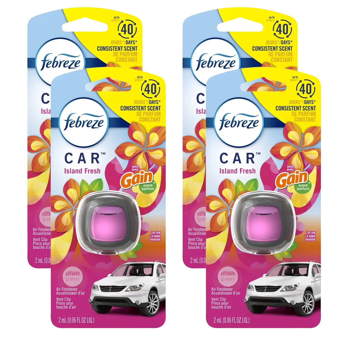 Febreze Vent Clip Car Air Freshener - Car Refresheners - Island Fresh fragrance Car Scent - Odor Eliminator, 4 Pack