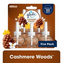 Glade PlugIns Scented Oil 5 Refills, Air Freshener, Cashmere Woods, Essential Oil Infused Wall Plug In, 3.35 FL oz, Pack of 5